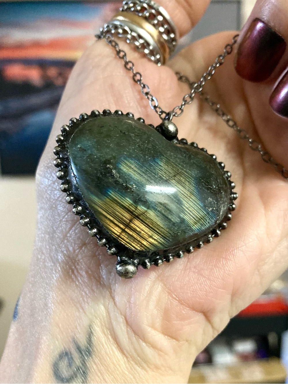 Genuine iridescent labradorite gemstone heart shape charm boho choker necklace . - Picture 2 of 10